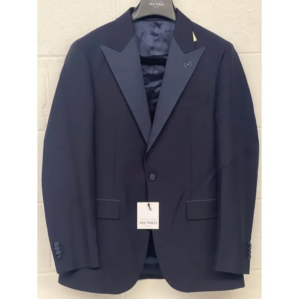 $995 New 2 PC Mens Suit Atelier munro sz38 us navy blue tuxedo satin lapel